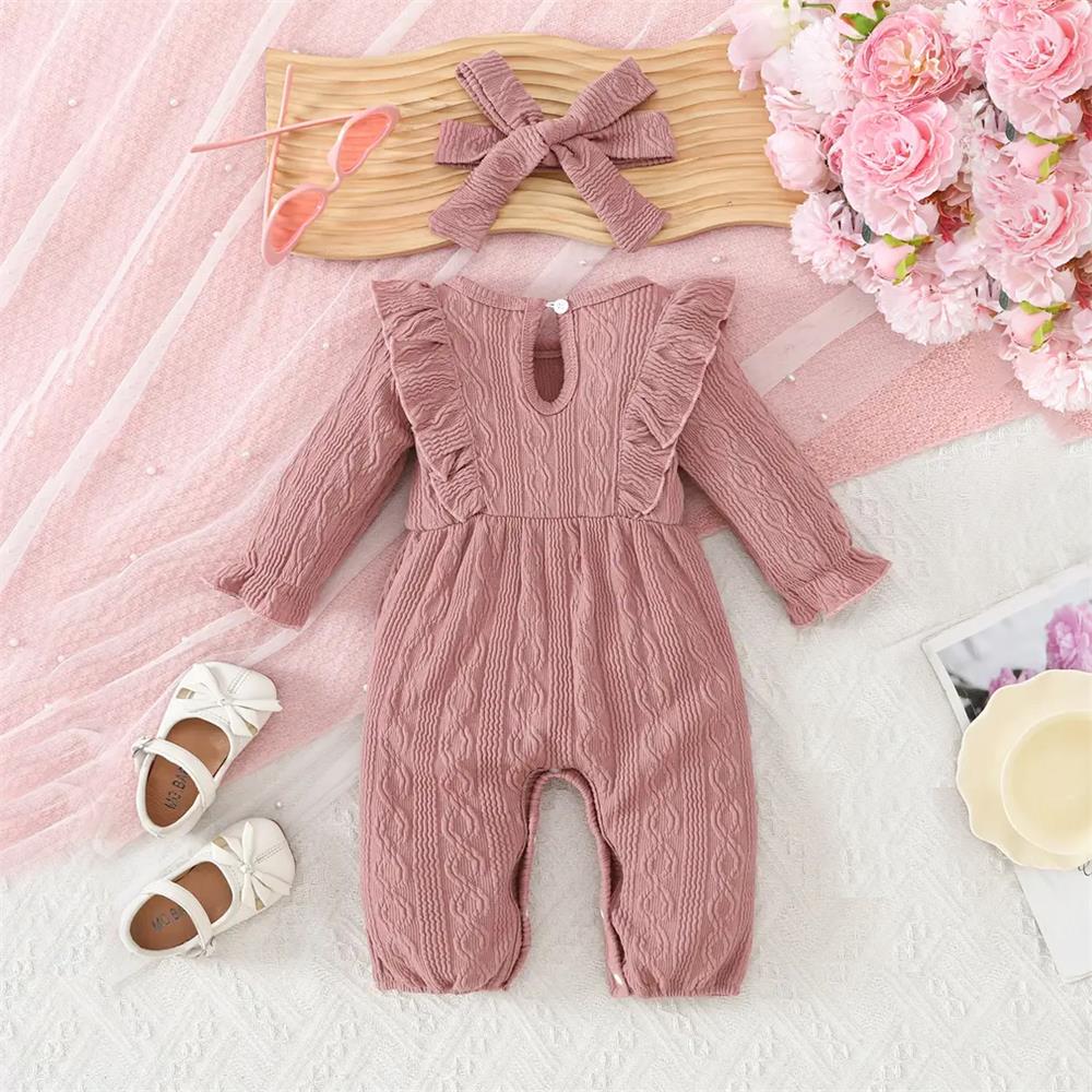 2PCS Fashion Solid Color Bow Long Sleeve Baby Jumpsuit