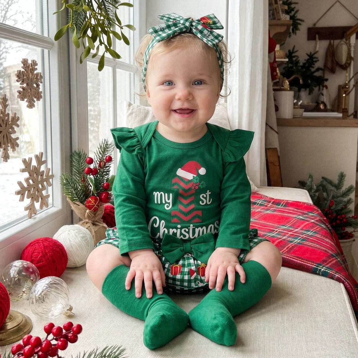 4PCS My 1st Christmas Letter Plaid Print Long Sleeve Baby Set
