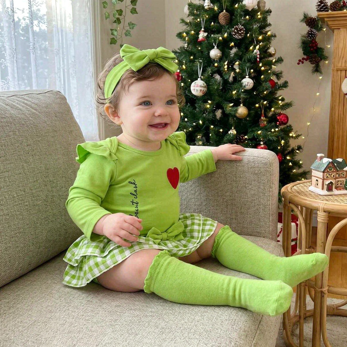 4PCS It's A Beaut Clark Letter Plaid Printed Long Sleeve Christmas Baby Set