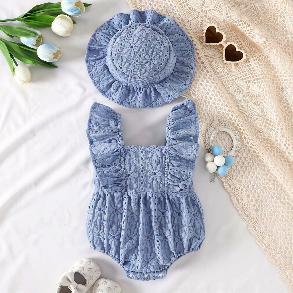 2PCS Solid Color Eyelet Embroidery Baby Romper With Hat