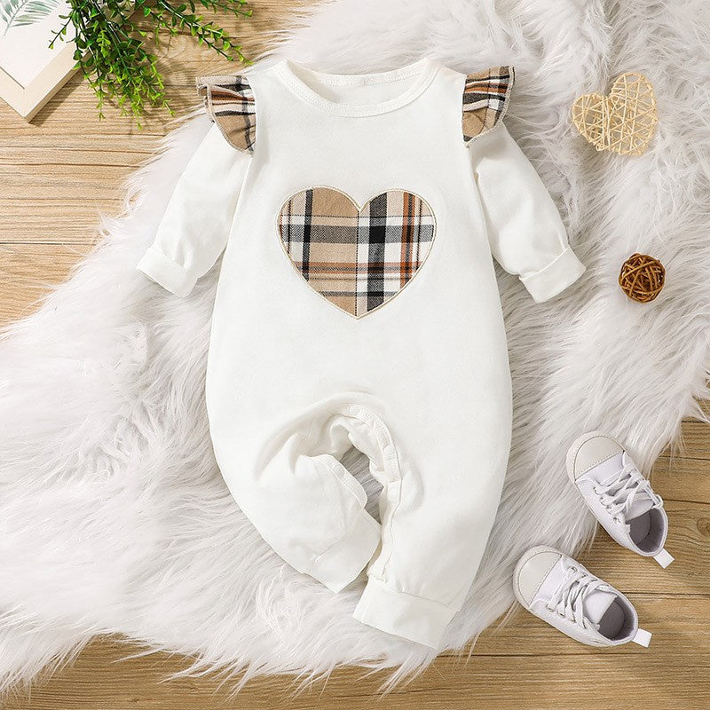 Cute Heart Plaid Appliqué Patch Long Sleeve Baby Jumpsuit