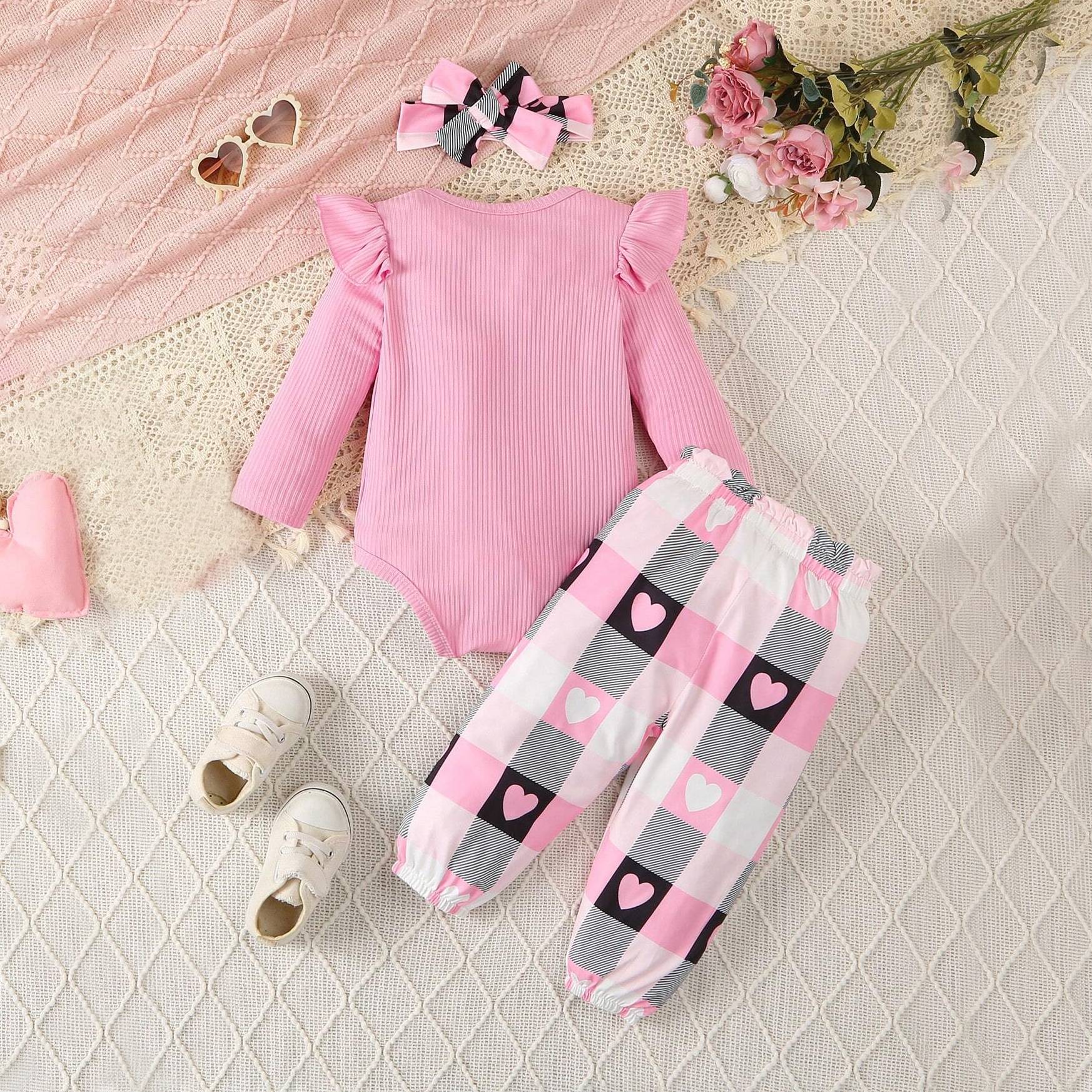 3PCS The Princess Has Arrived Letter Plaid Printed Long Sleeve Baby Set