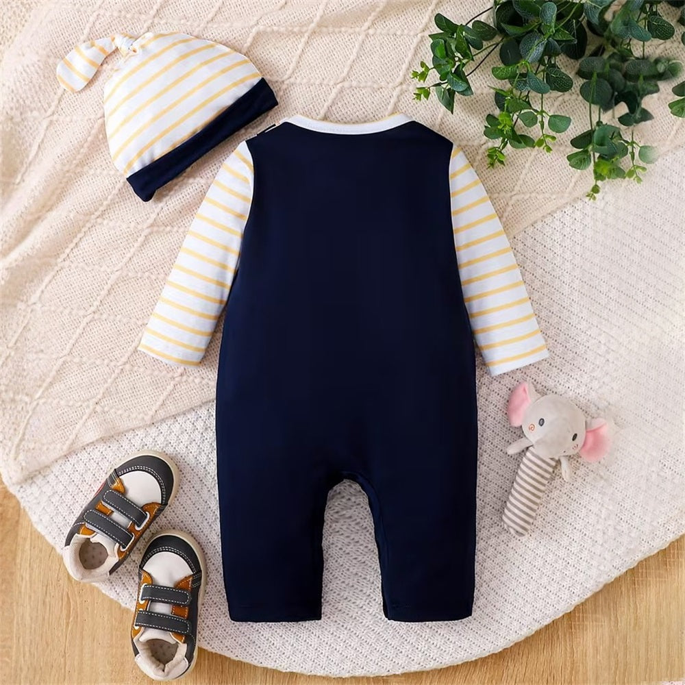 2PCS Cute Elephant Print Striped Long Sleeve Baby Jumpsuit