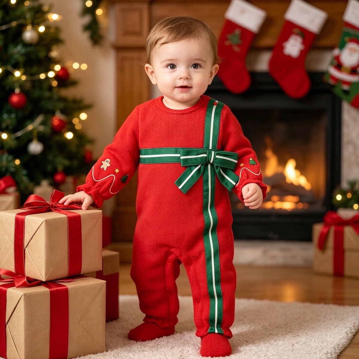 Color Block Holiday Print Fleece Long Sleeve Baby Jumpsuit