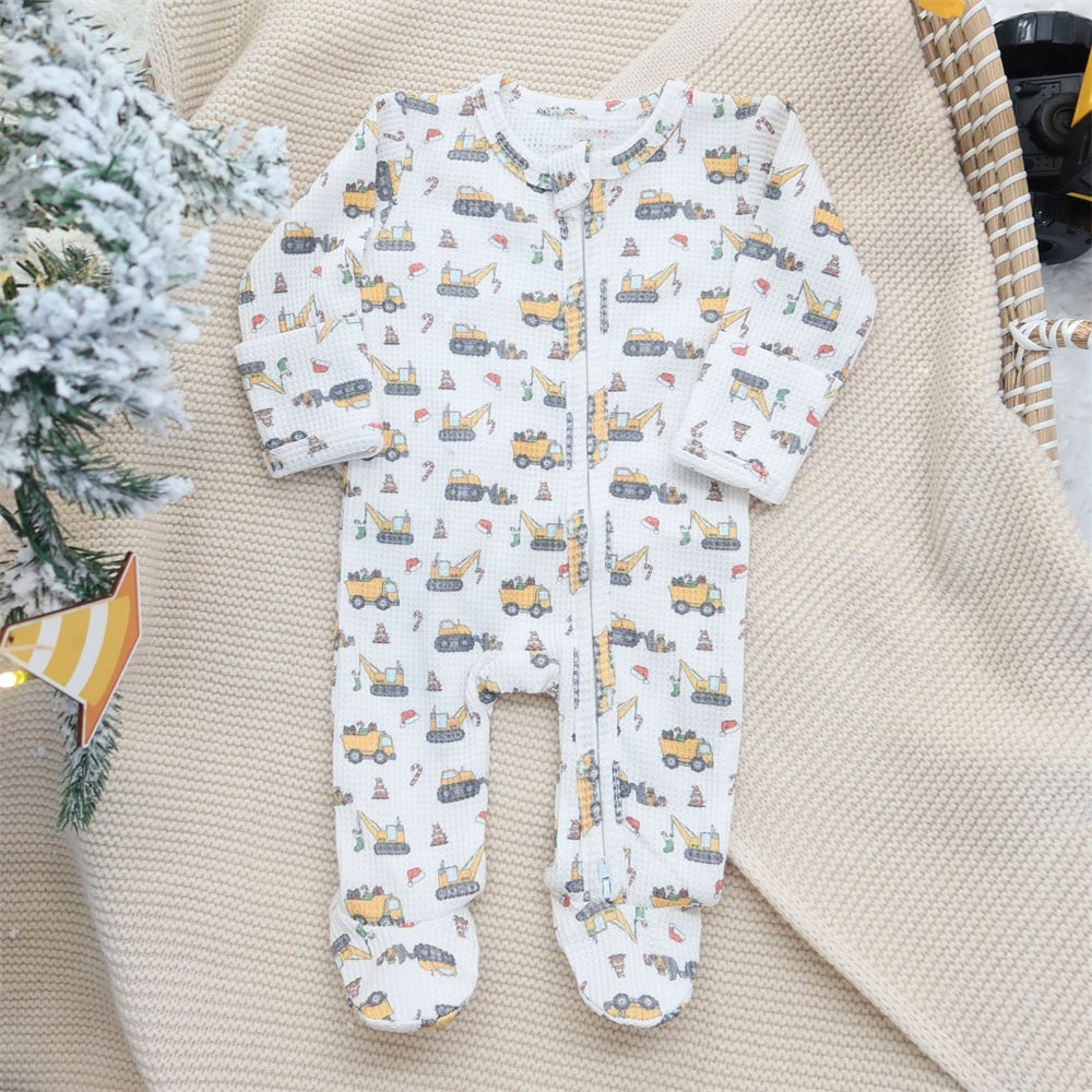 2PCS Santa's Work Zone Print Long Sleeve Baby Jumpsuit