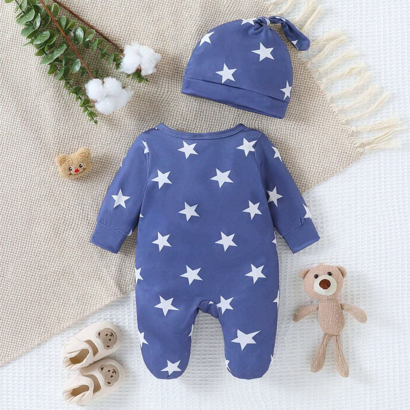2PCS Casual Sleepy Bear Letter Star Printed Long Sleeve Baby Jumpsuit