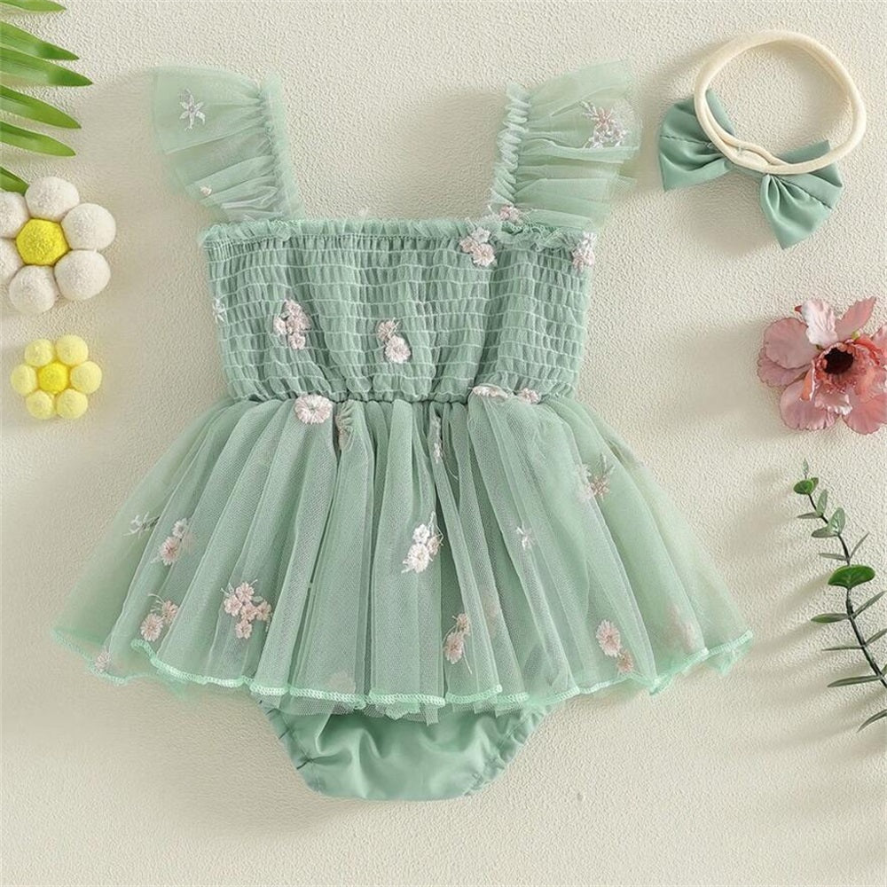 2PCS Summer Floral Embroidery Flounce Sleeve Baby Romper