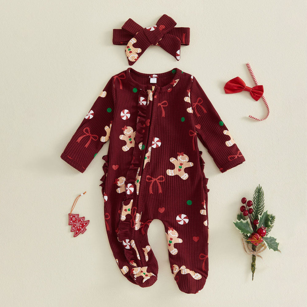 2PCS Cute Christmas Gingerbread Printed Long Sleeve Baby Jumpsuit