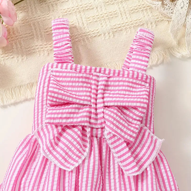 Stylish Stripe Printed Sleeveless Bow Decoration Baby Romper