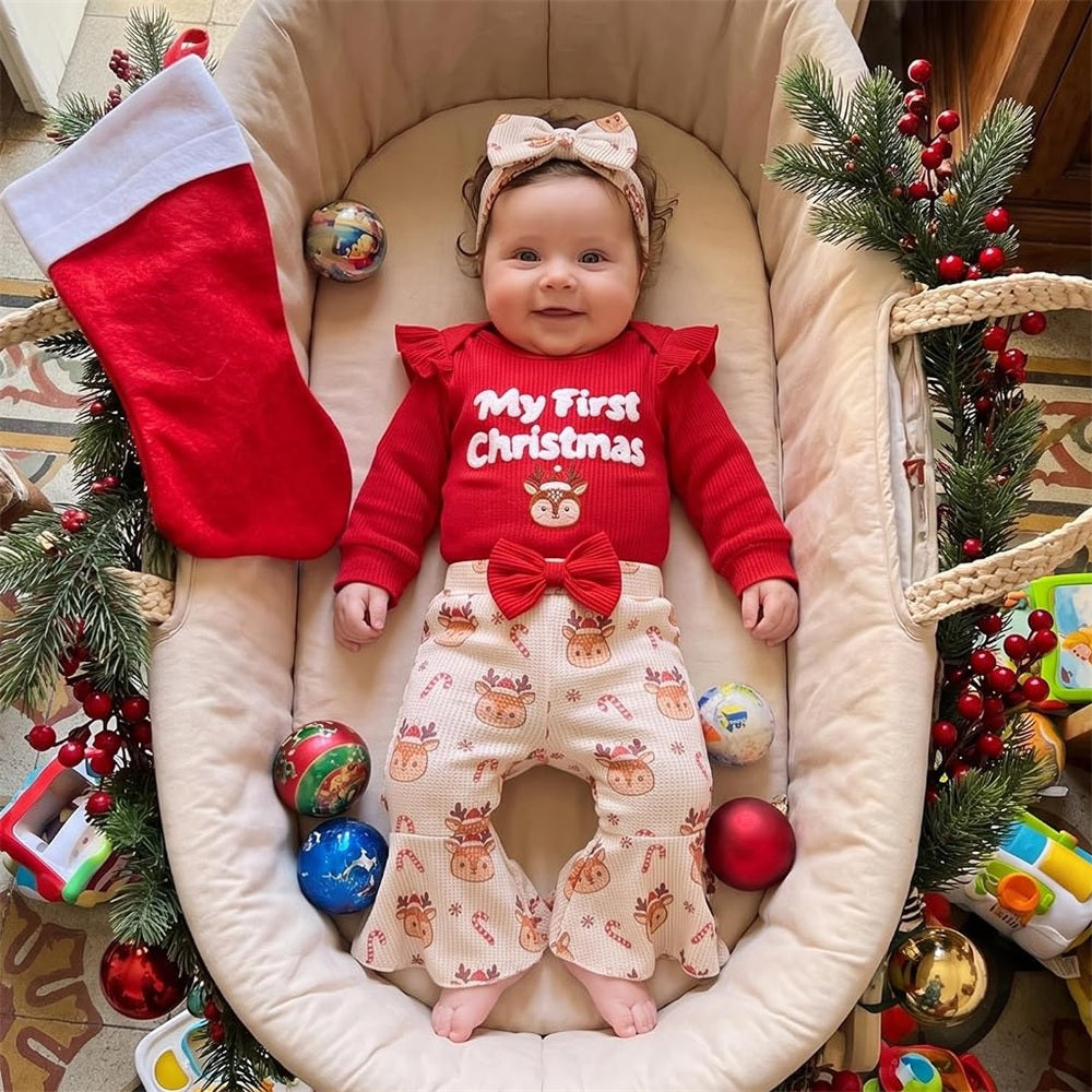 3PCS My First Christmas Letter Print Elk Applique Baby Girl Set
