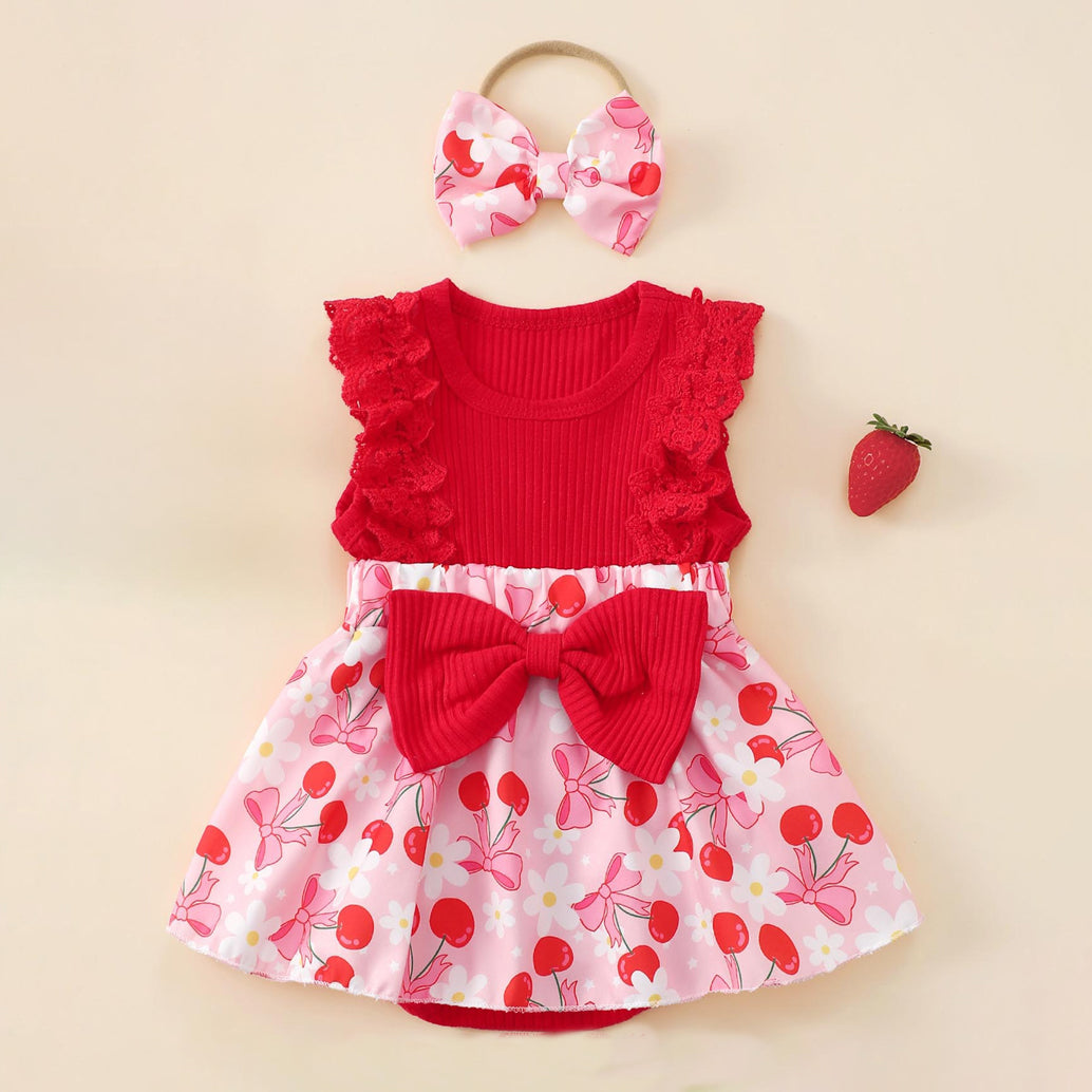 2PCS Cherry Bow Floral Printed Ruffled Sleeveless Baby Romper