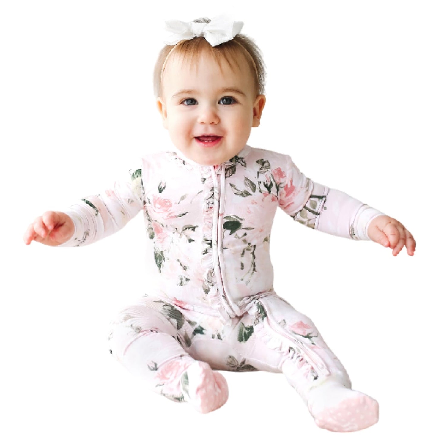 Elegant Floral Printed Zipper Bamboo Viscose Baby Jumpsuit
