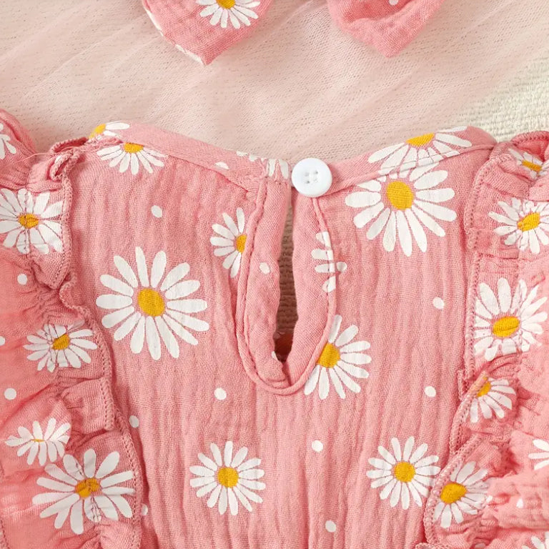 2PCS Cute Daisy Print Bow Short Sleeve Baby Jumpsuit