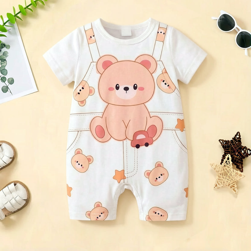 Lovely Teddy Bear Print Short Sleeve Baby Jumpsuit