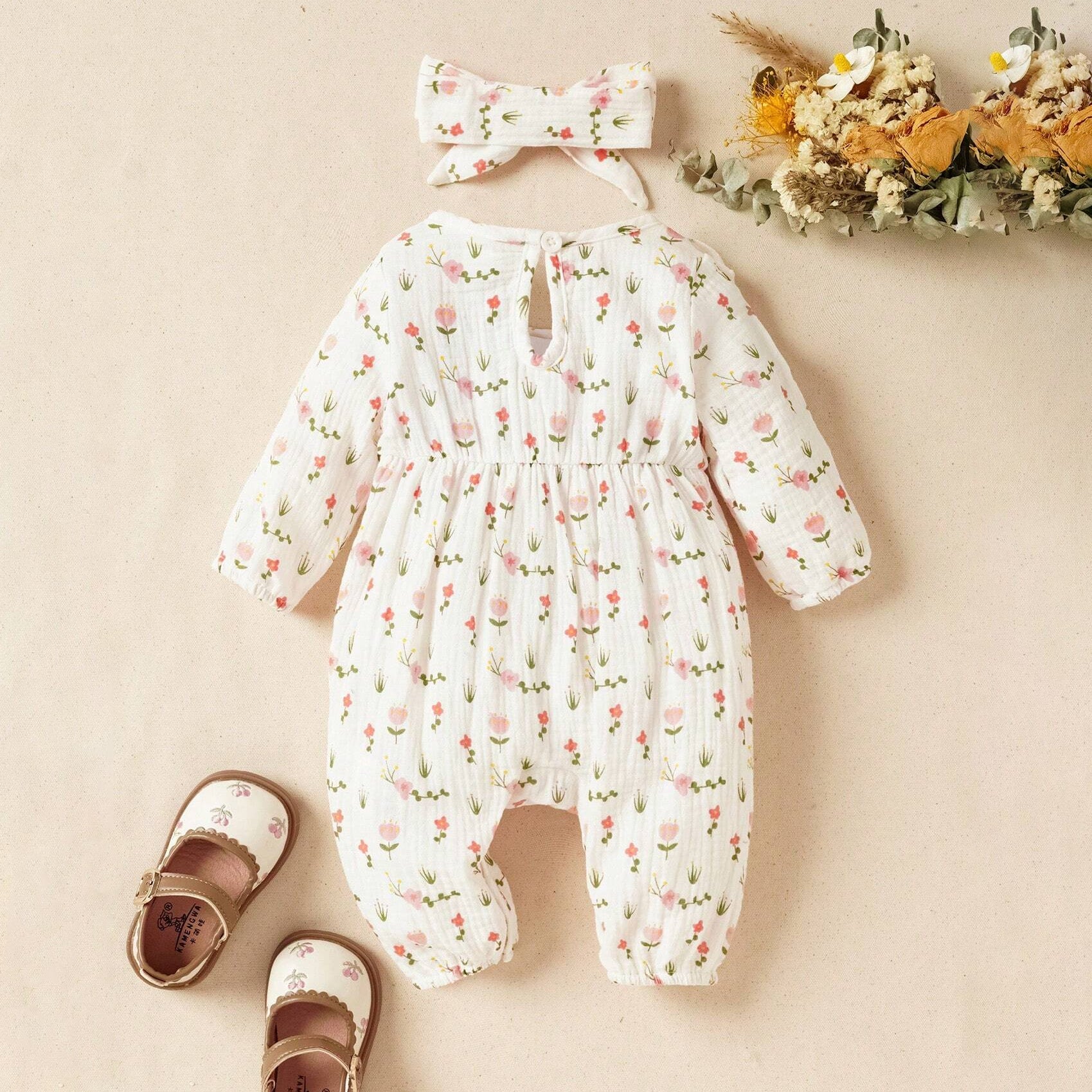 2PCS Casual Floral Printed Ruffled Bow Decoration Baby Jumpsuit