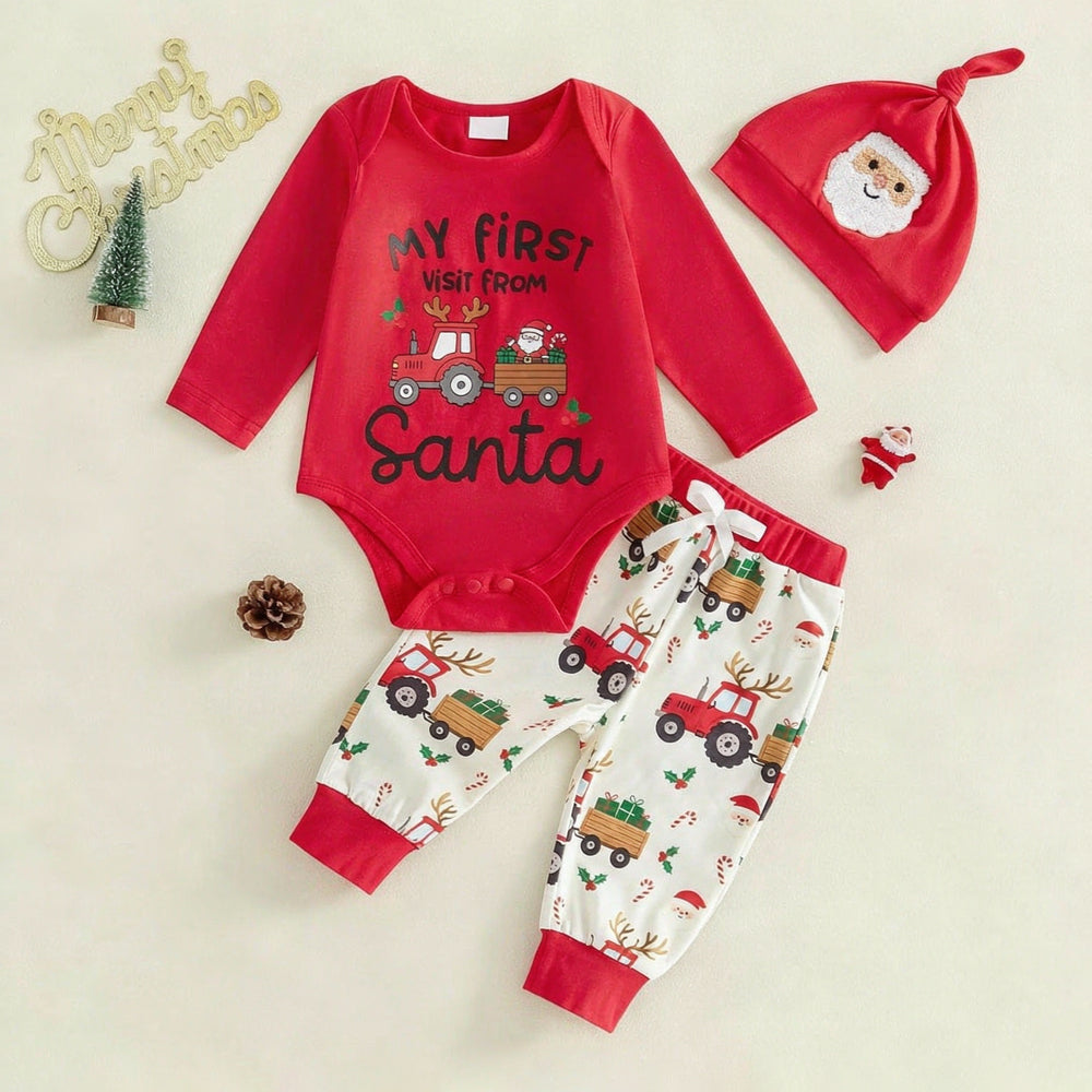 3PCS My First Visit From Santa Letter Tractor Printed Applique Baby Set