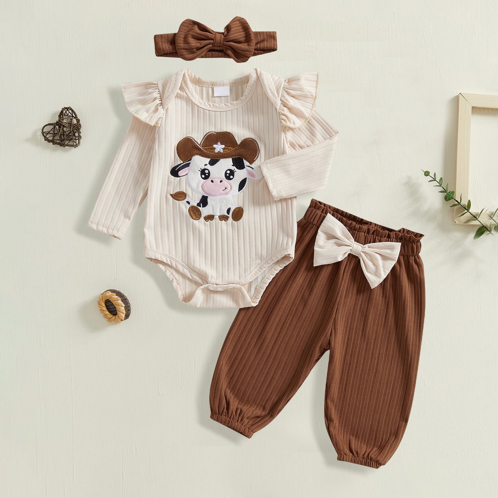 3PCS Cute Cow Printed Bow Decoration Long Sleeve Baby Set