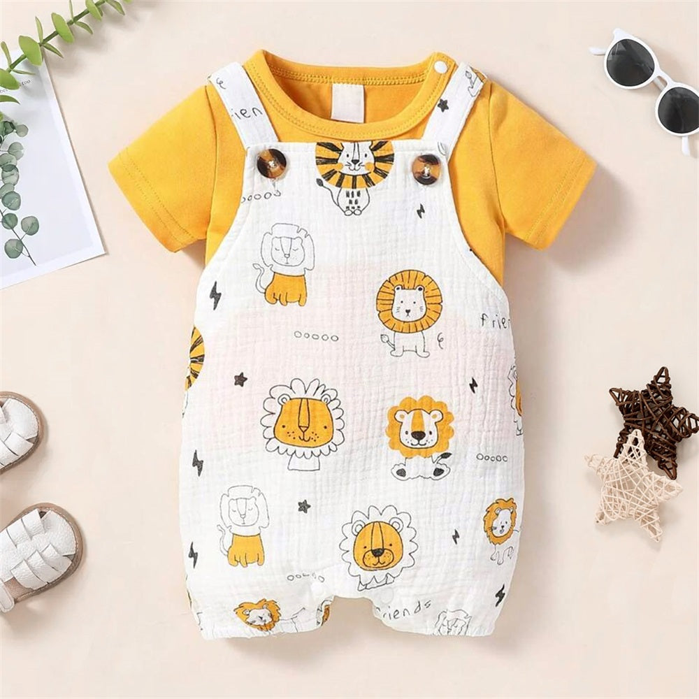 2PCS Adorable Lion Printed Short Sleeve Baby Overalls Set