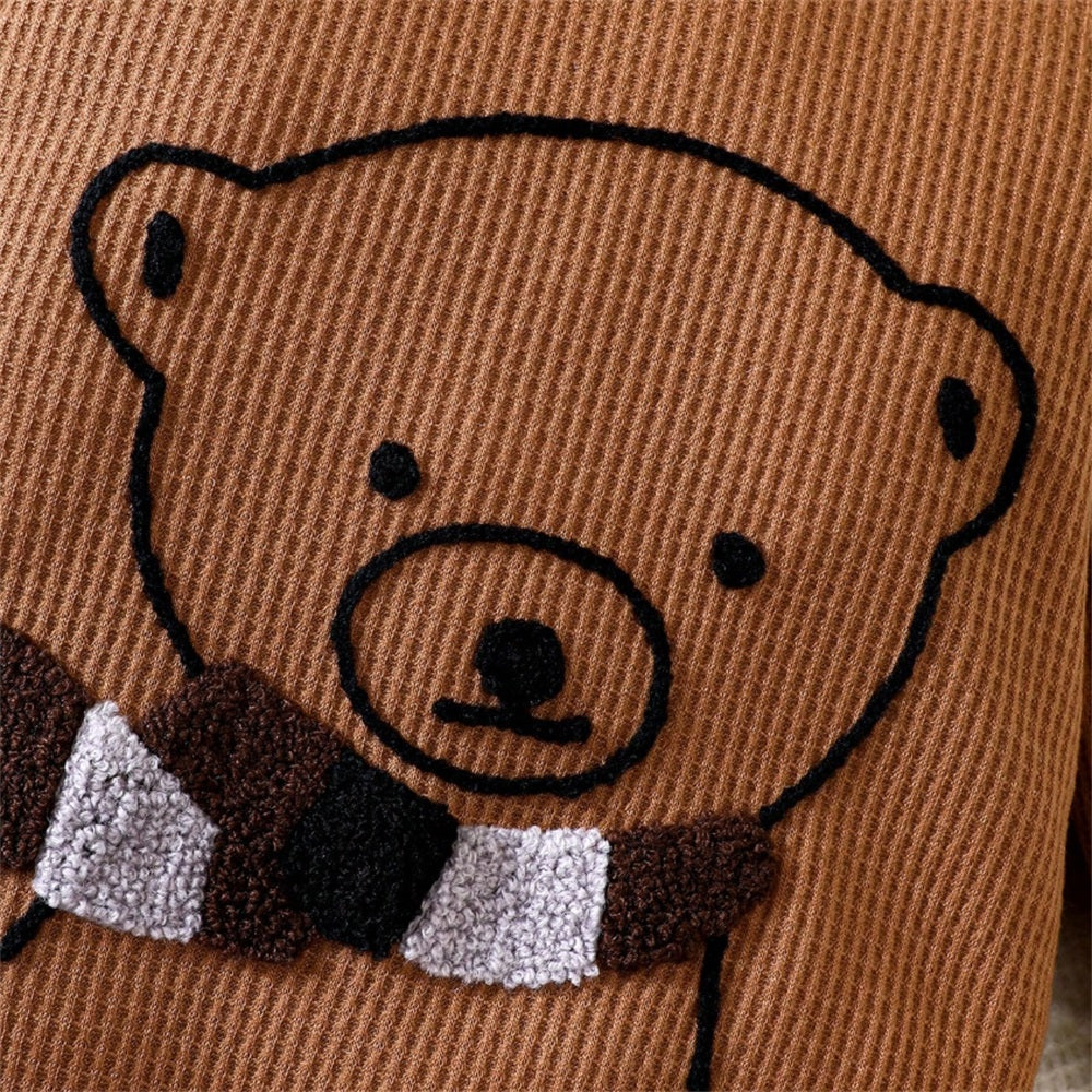 2PCS Cute Scarf Bear Printed Long Sleeve Baby Jumpsuit