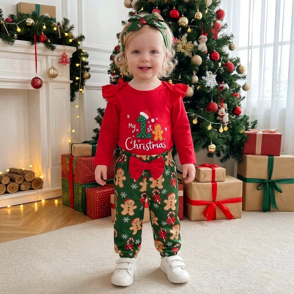 3PCS My 1st Christmas Letter Gingerbread Print Long Sleeve Baby Girl Set