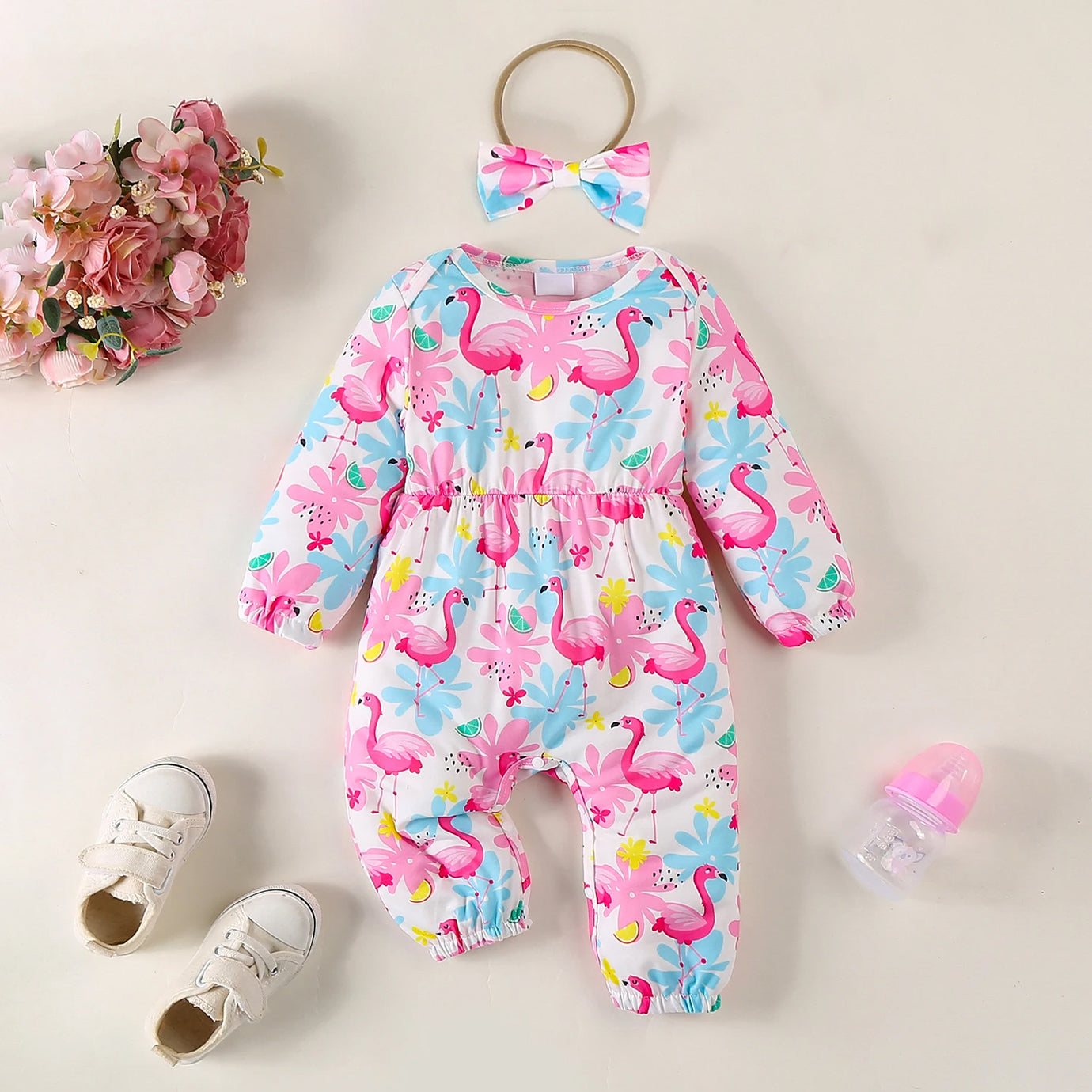 2PCS Flamingo Floral Printed Baby Jumpsuit