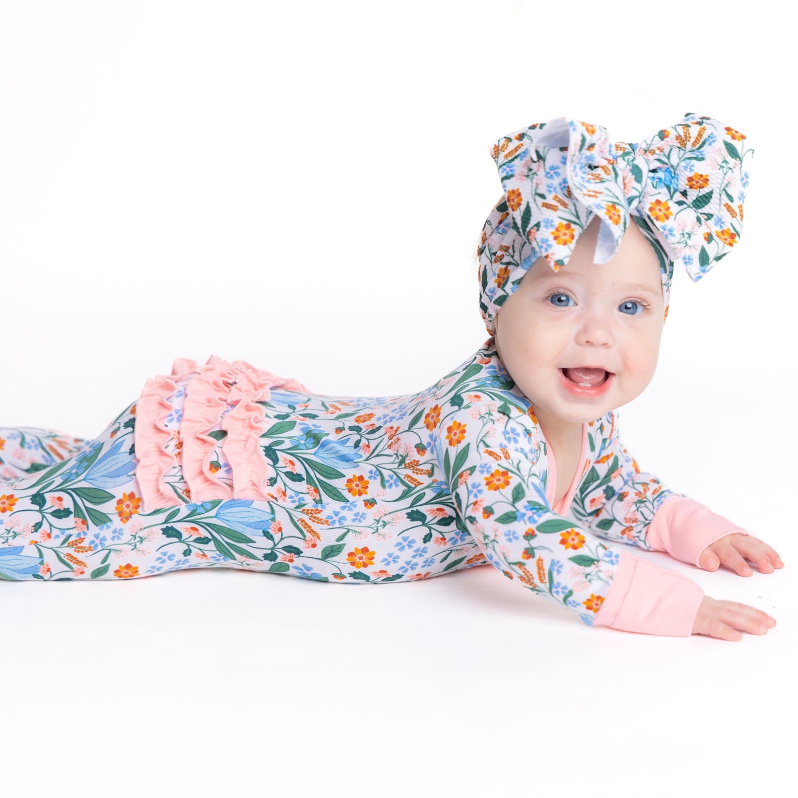 Allover Floral Print Ruffle Zipper Baby Jumpsuit