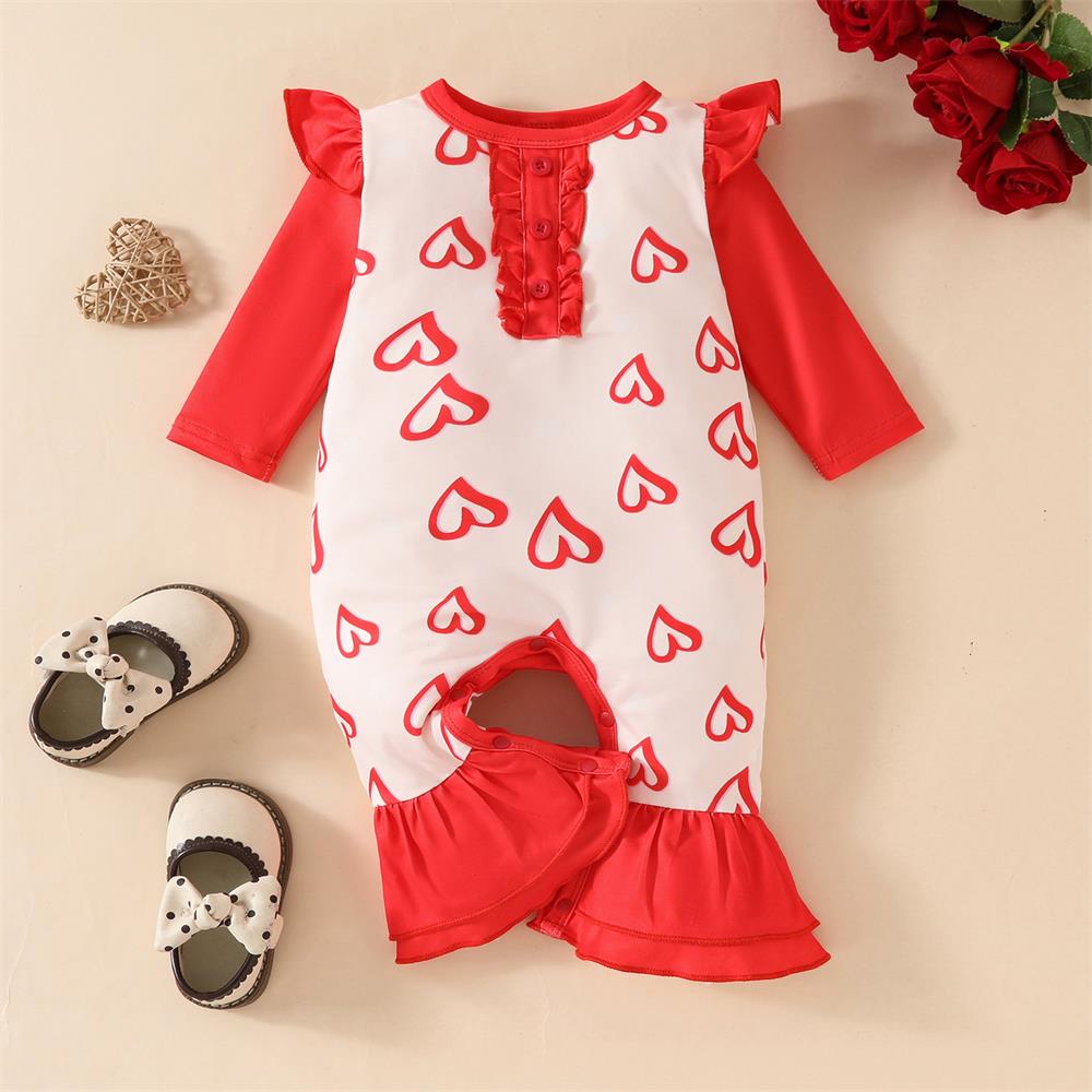Pretty Heart Print Ruffle Long Sleeve Baby Jumpsuit