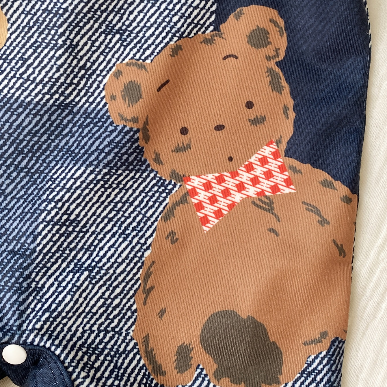 Cute Teddy Bear and Stripe Printed Short Sleeve Baby Jumpsuit