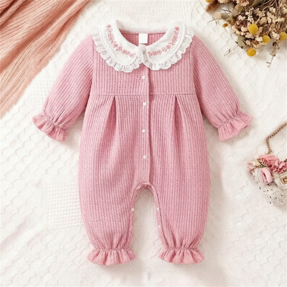 Pretty Solid Color Vine Embroidery Long Sleeve Baby Jumpsuit
