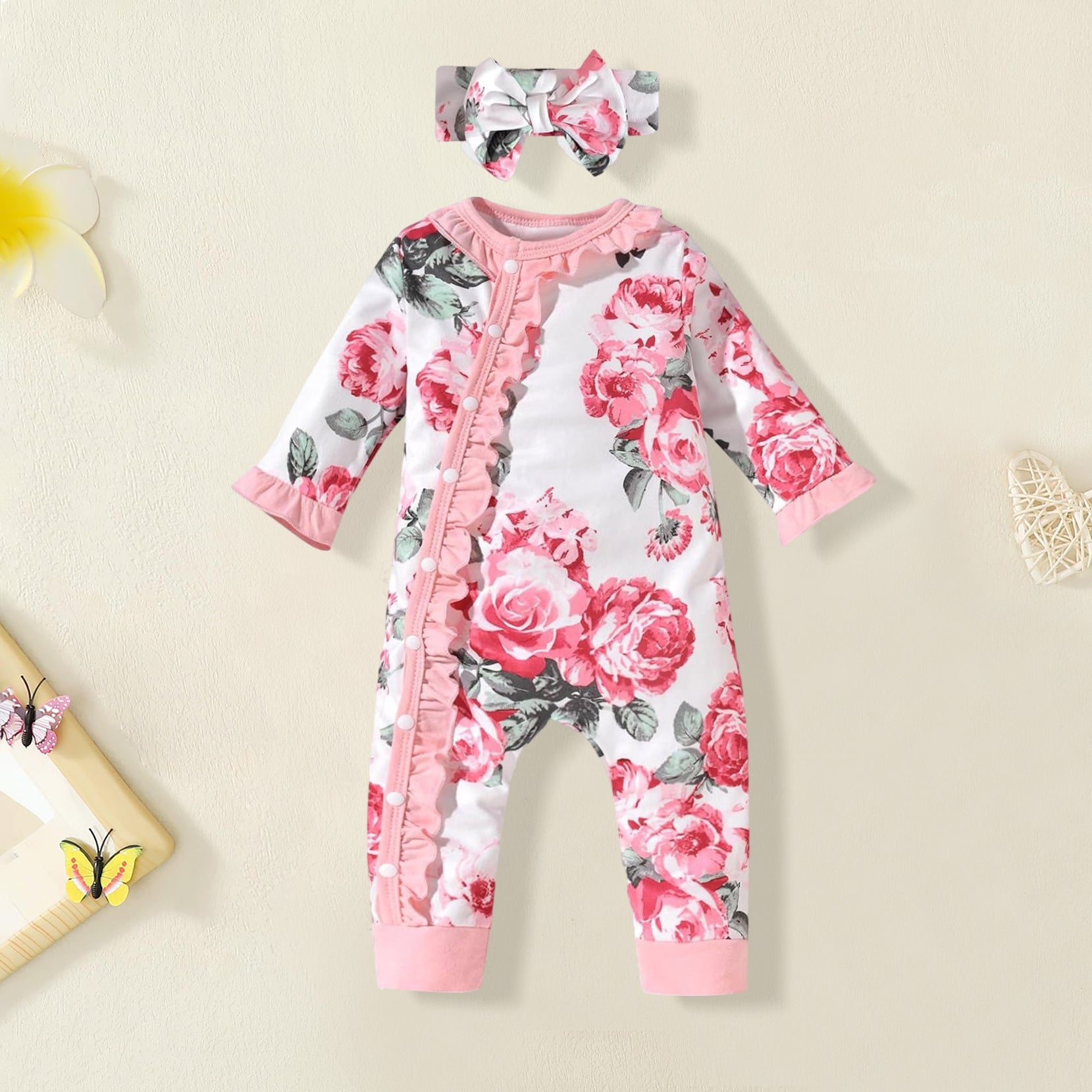 2PCS Pretty Floral Printed Ruffle Long Sleeve Baby Jumpsuit