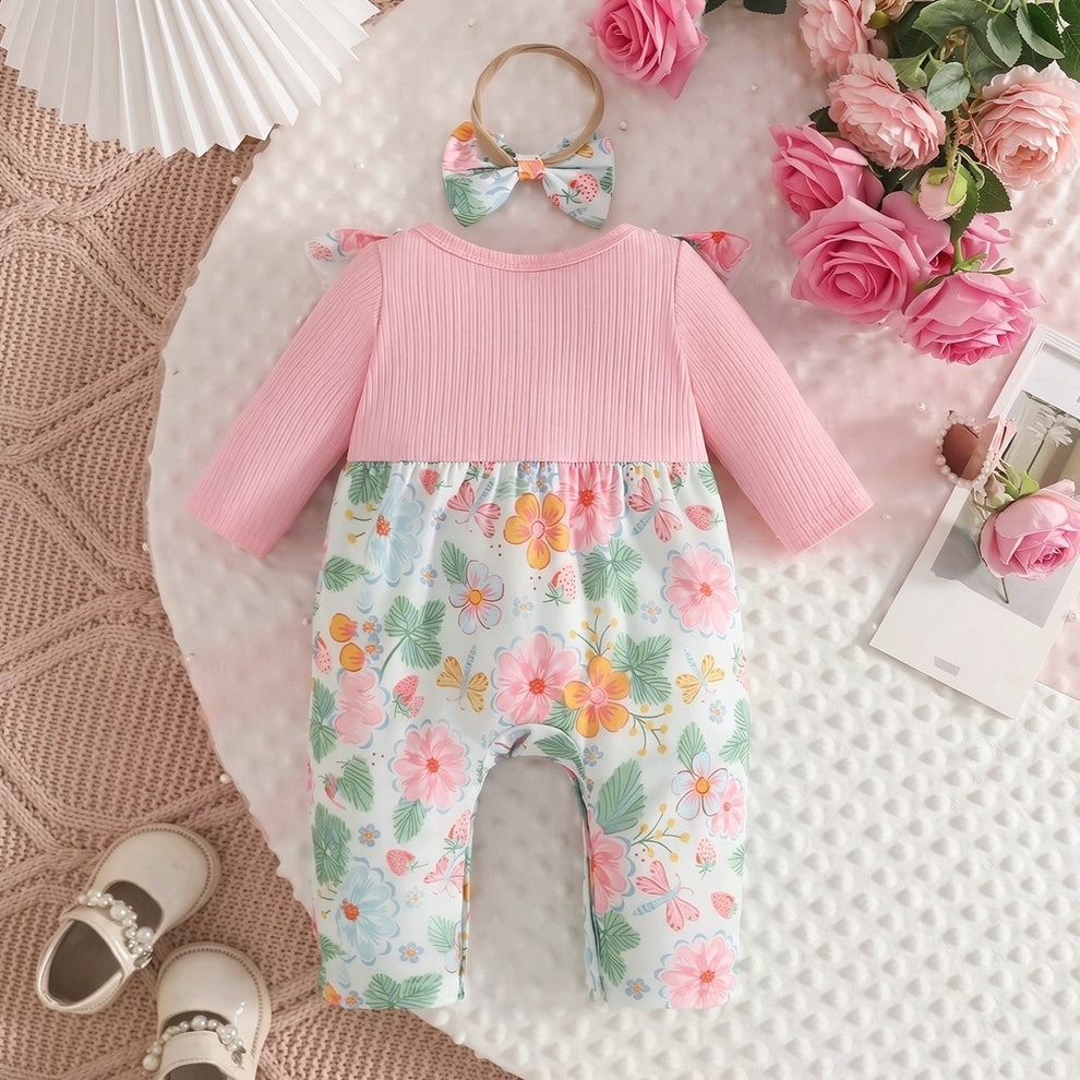 2PCS Whimsical Floral Butterfly Print Ruffle Long Sleeve Baby Girl Jumpsuit