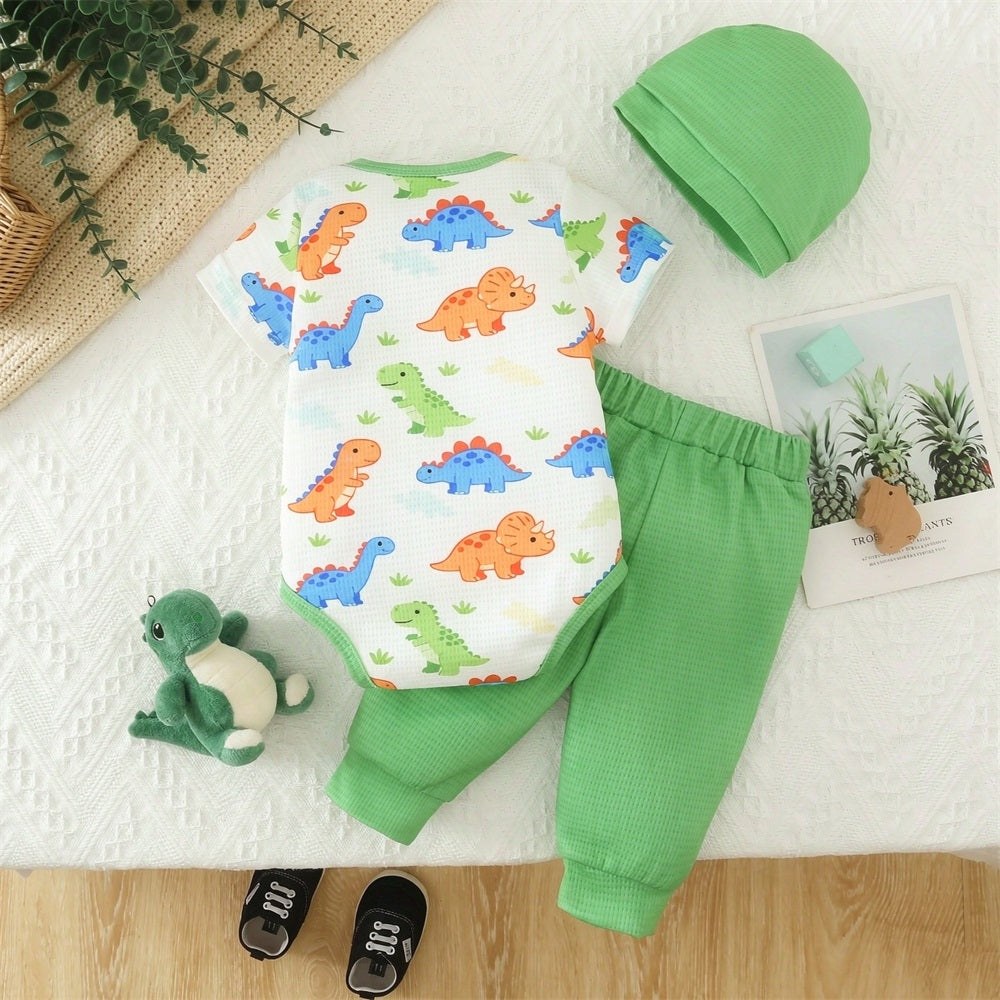 3PCS Cute Cartoon Dinosaur Print Short Sleeve Baby Boy Set