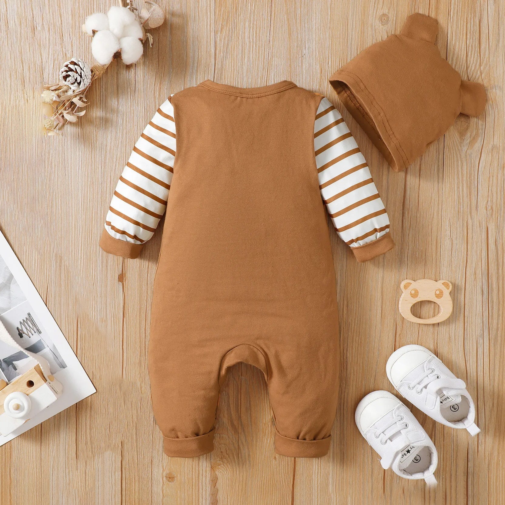 2PCS Cute Bear Stripe Printed Long Sleeve Baby Jumpsuit