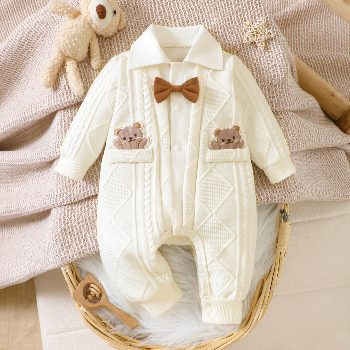 Cable Knit Rhombus Bear Embroidery Long Sleeve Baby Jumpsuit