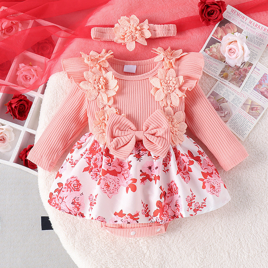 2PCS Sweet Lace Bow Floral Printed Long Sleeve Baby Romper