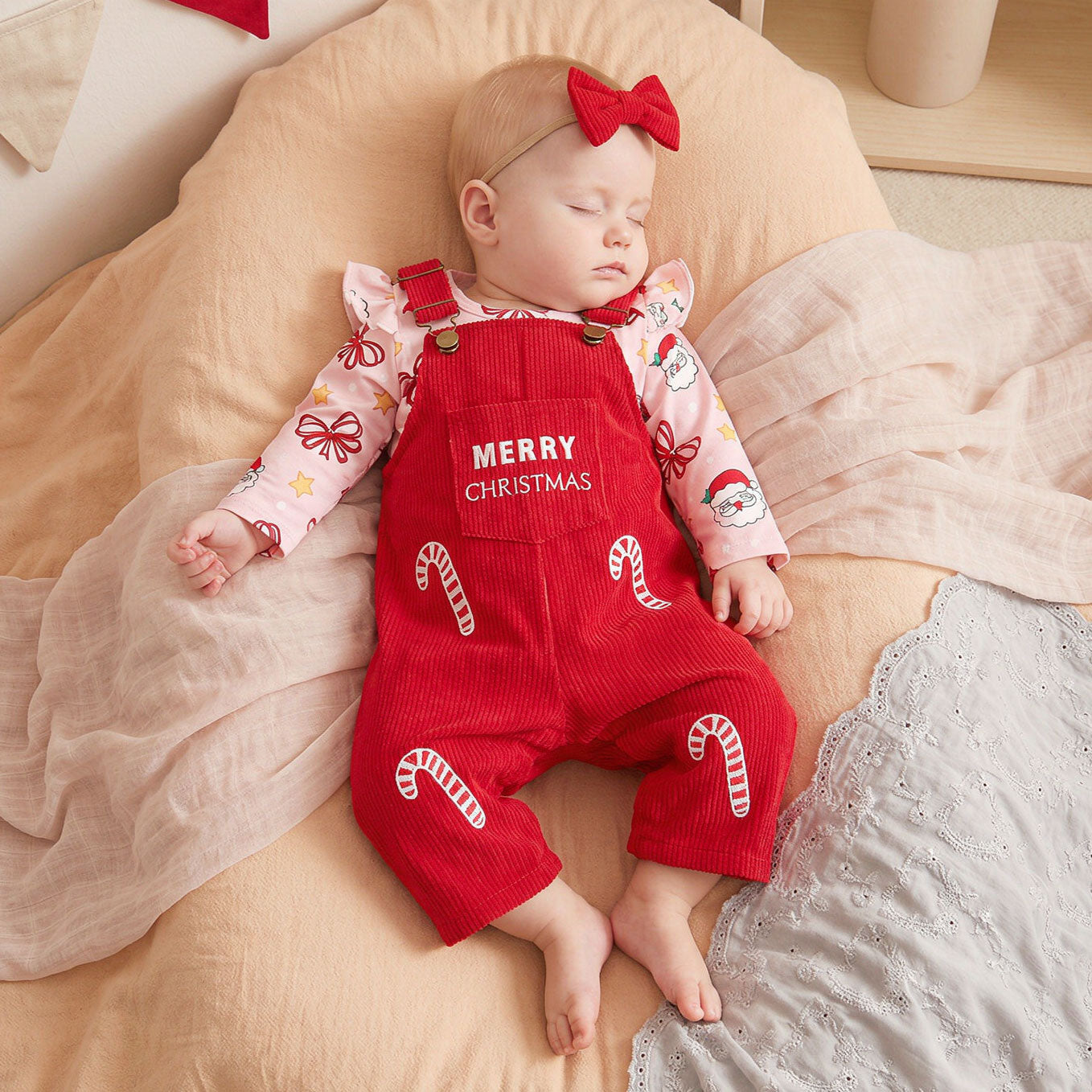 3PCS Letter Candy Cane Embroidery and Santa Print Baby Overalls Set