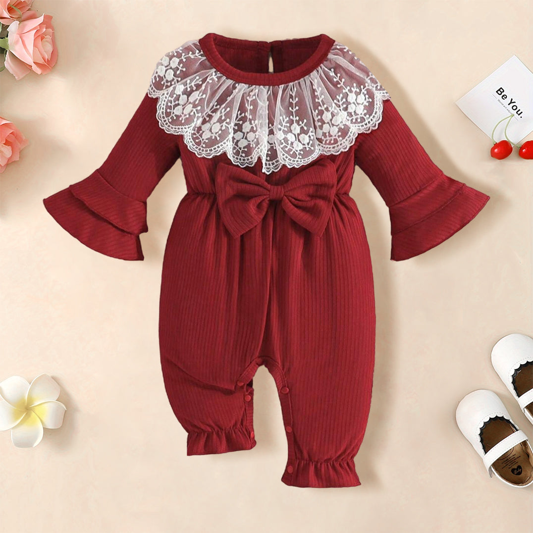 Bow Decoration Lace Splice Flare Sleeve Baby Jumpsuit