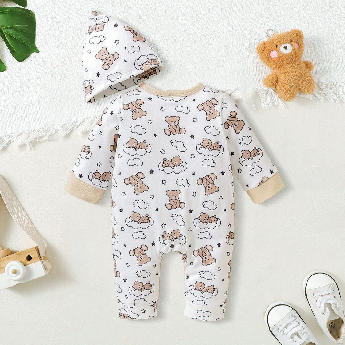 2PCS Cute Cloud Bear Print Long Sleeve Baby Jumpsuit