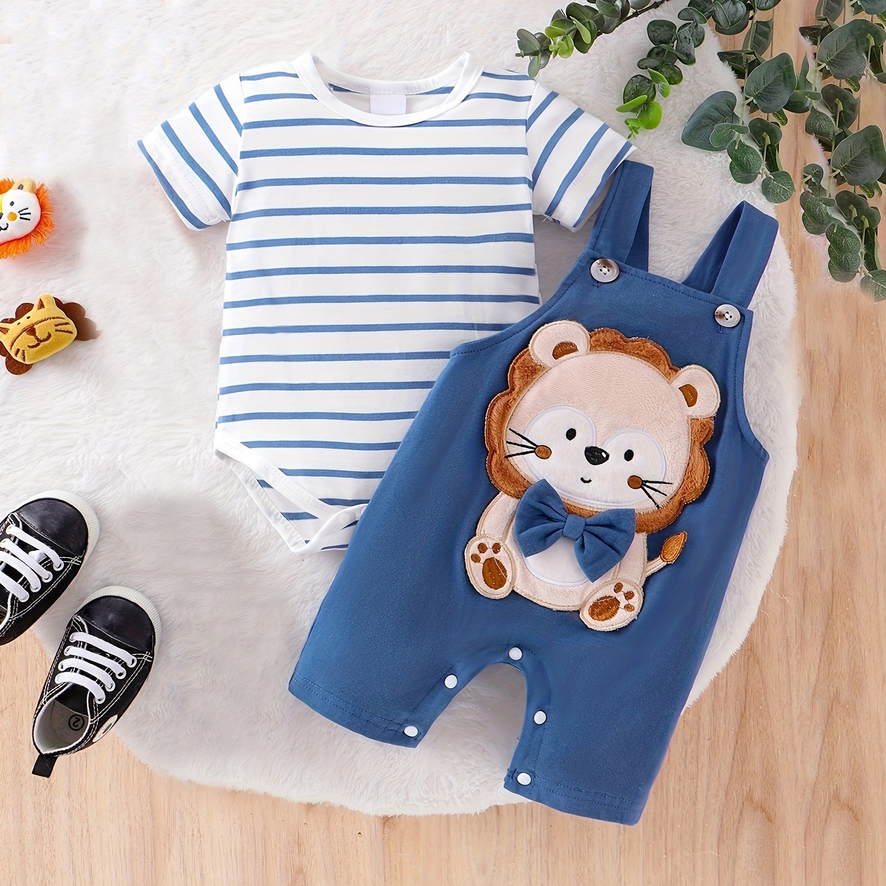 2PCS Cute Lion Stripe Printed Short Sleeve Baby Overalls Set