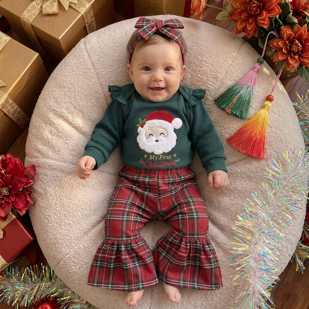 3PCS My First Christmas Letter Embroidery Santa Plaid Print Baby Girl Set