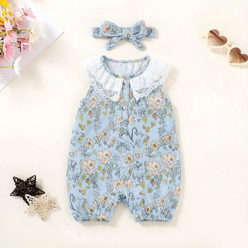 2PCS Grace Floral Print Sleeveless Baby Jumpsuit
