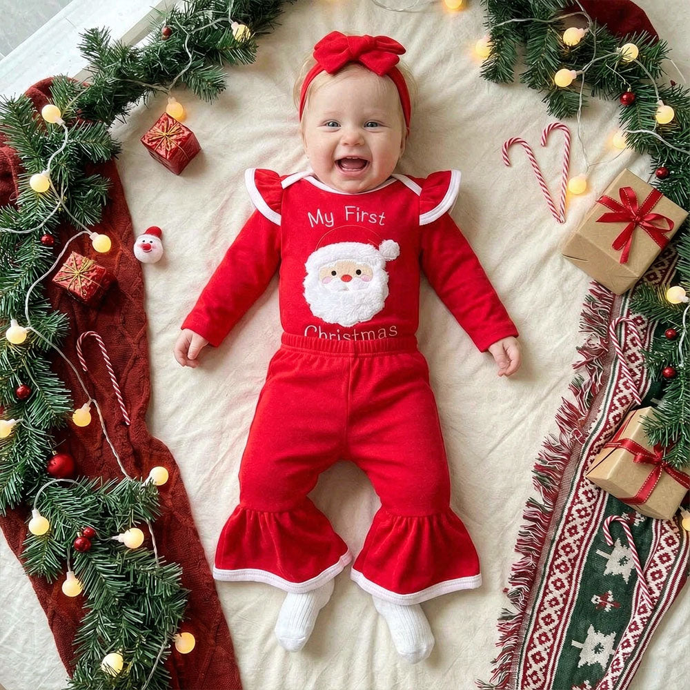 3PCS My First Christmas Letter Print Santa Claus Appliqué Baby Girl Set