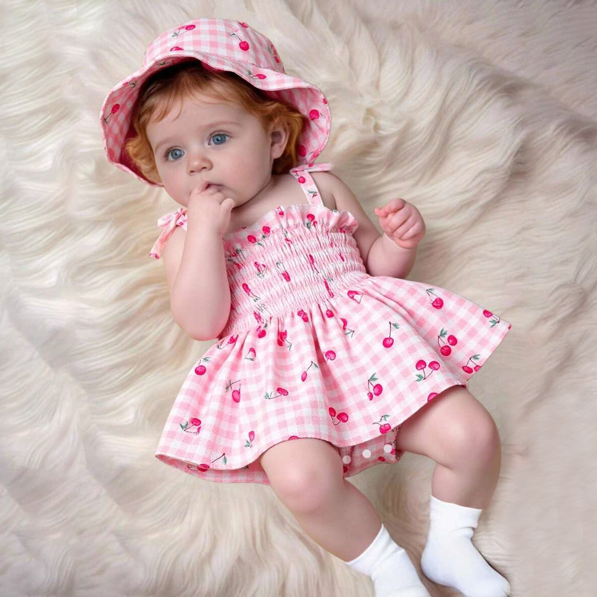 2PCS Lovely Cherry & Plaid Print Sleeveless Baby Romper