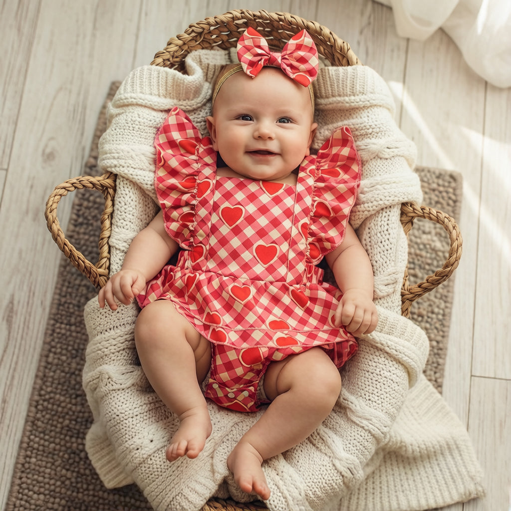 2PCS Gorgeous Heart Plaid Print Flounce Sleeve Baby Romper