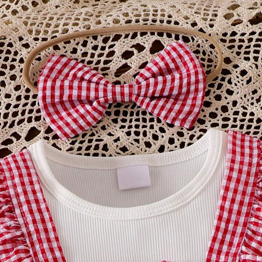 3PCS Cheerful Plaid Print Strawberry Appliqué Baby Set