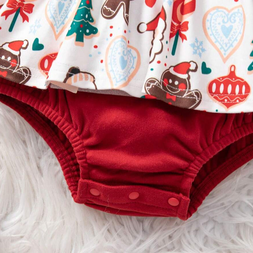 Lovely Christmas Print Bow Long Sleeve Baby Girl Romper