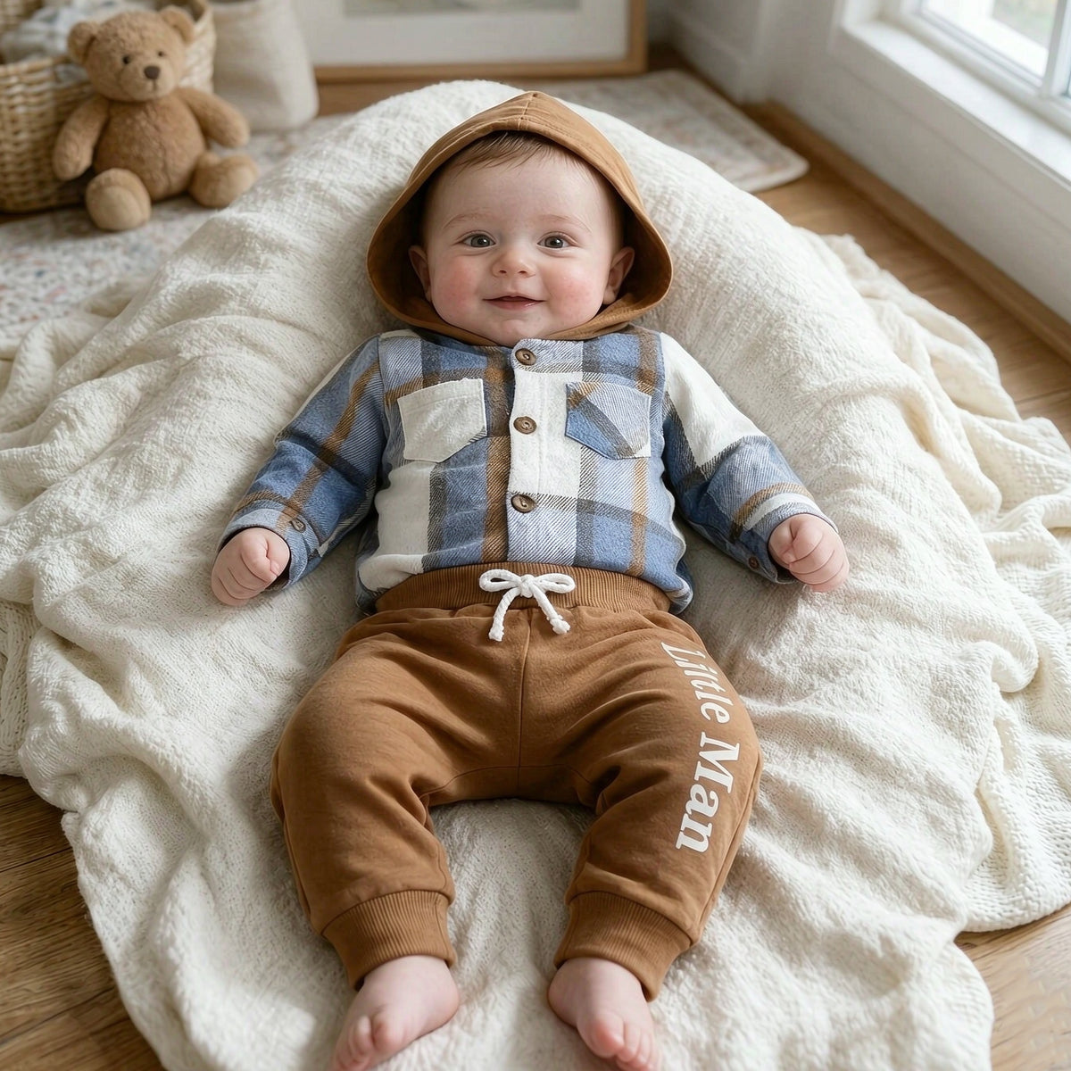 2PCS Chic Little Man Letter Plaid Print Long Sleeve Hoodie Baby Set