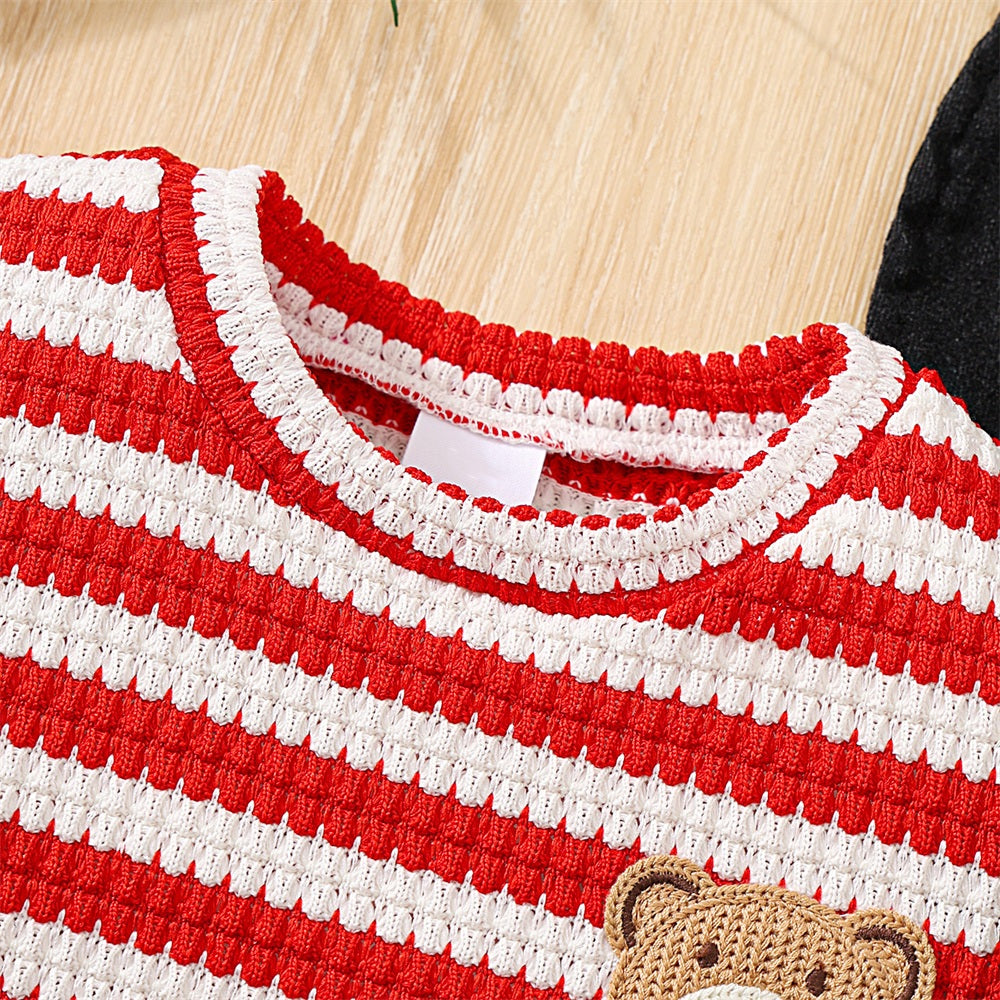 3PCS Lovely Bear Embroidery Stripe Print Short Sleeve Baby Set