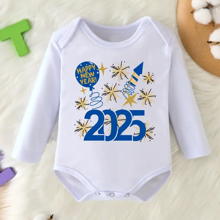 Happy New Year 2025 Letter Fireworks Printed Long Sleeve Baby Romper