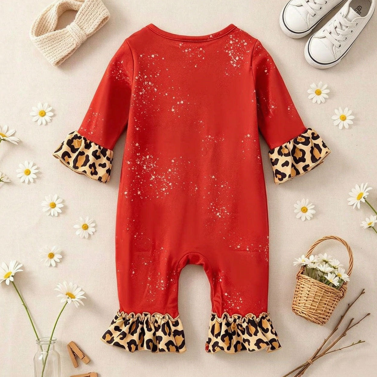 Love Letter Leopard Printed Long Sleeve Baby Jumpsuit